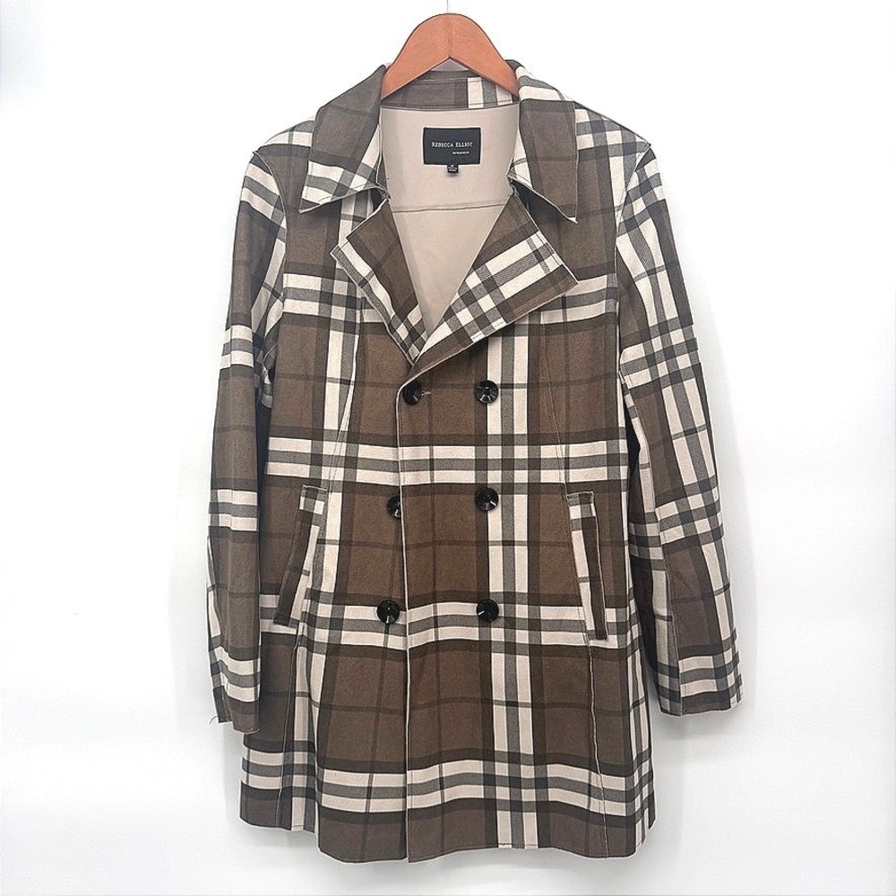 Rebecca Elliot Plaid Trench Coat Double Breasted Brown Preppy Plaid Jacket MD